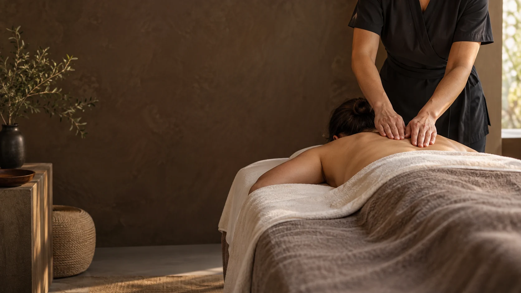 A massage therapist works across a client's upper back, with both faces outside the frame